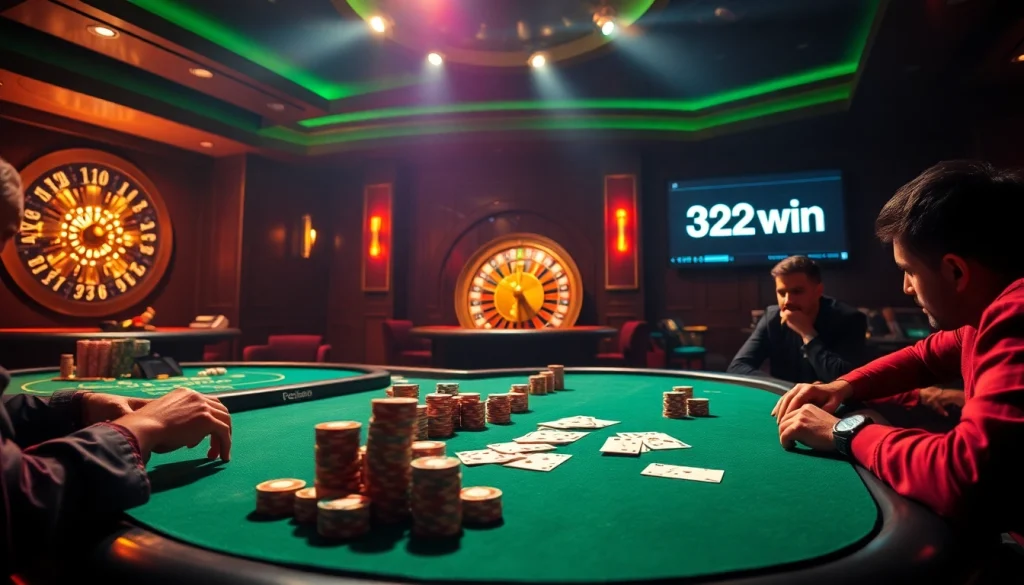 32win poker players at a high-stakes table, vibrant casino scene.