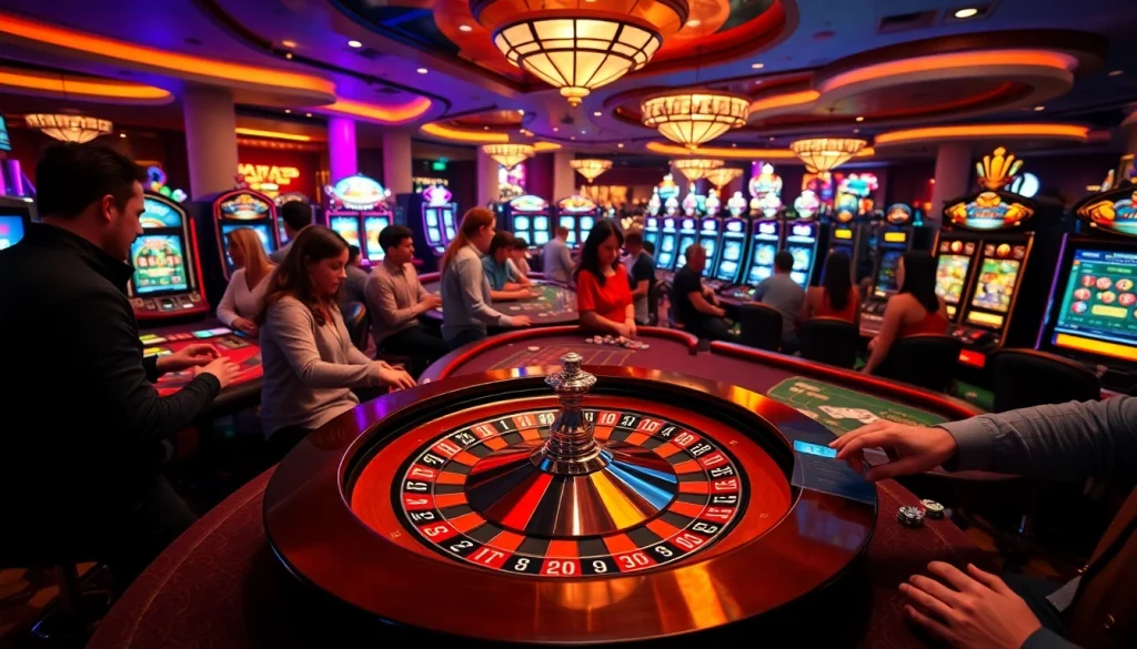 Experience the thrilling atmosphere of gambling at https://nohu90.surf/, featuring a roulette wheel, cards, and poker chips.