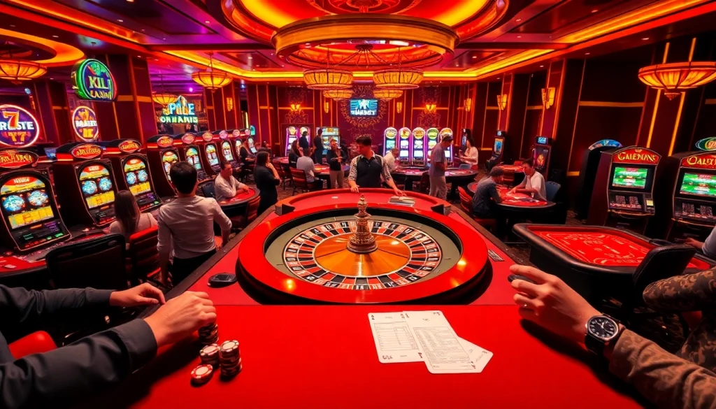 Kubet casino scene featuring players enjoying roulette and slot machines, capturing the excitement of gambling.