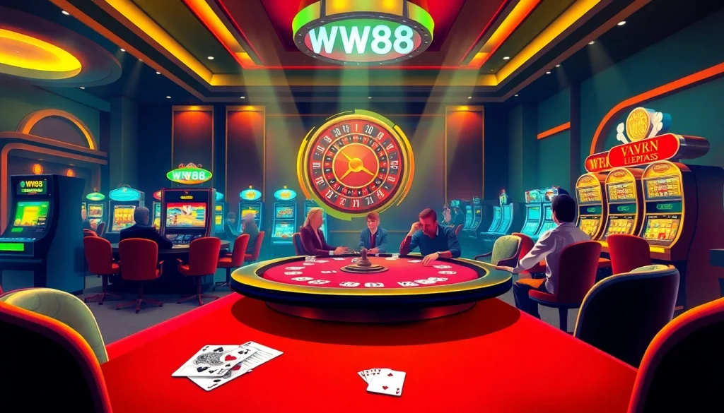 An exciting poker game at WW88 casino featuring players, chips, and cards.