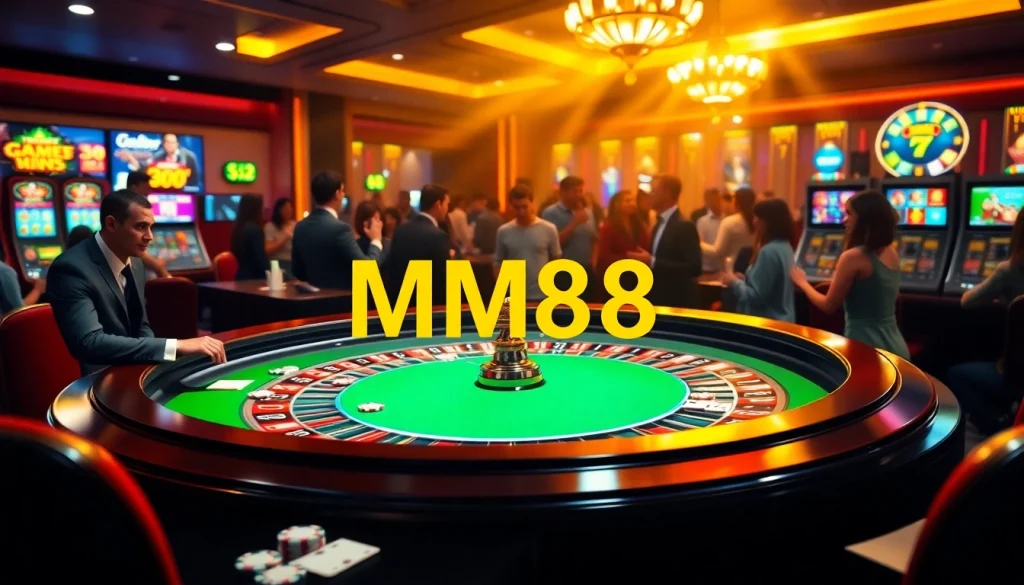 MM88 casino tables inviting players with vibrant poker chips and roulette wheels.