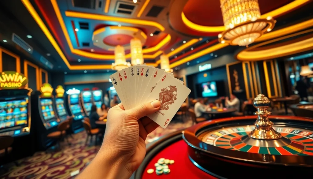 Kuwin casino scene featuring winning poker hands and dynamic roulette action.