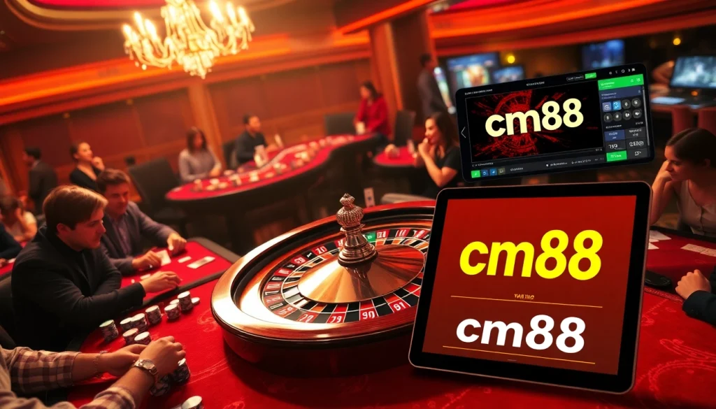 Experience high-stakes gambling excitement at the cm88 casino, featuring vibrant gaming tables and eager players.