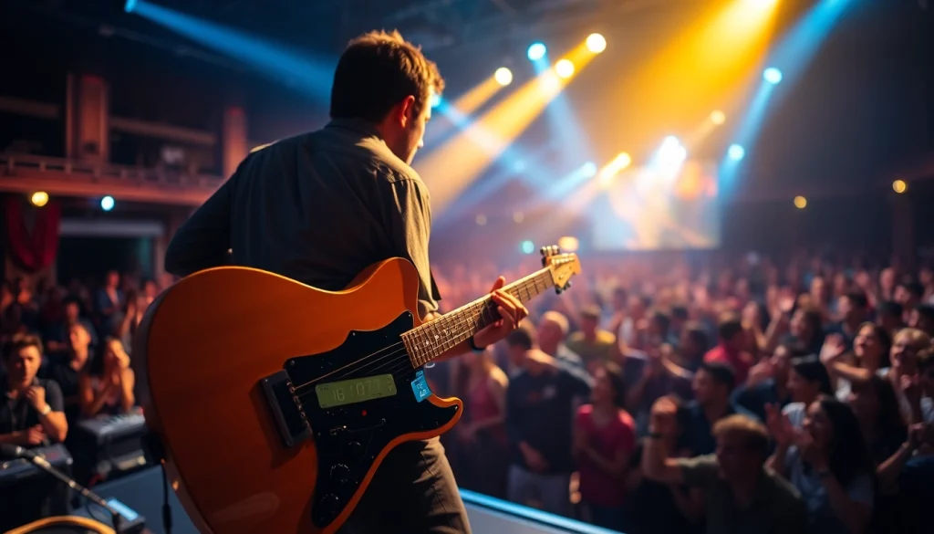 Experience the vibrant performance with the VG-99 guitar processor showcased on stage.