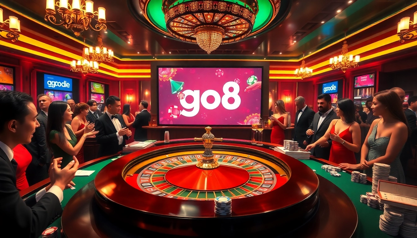 Go8 players engage passionately at a roulette table, showcasing vibrant casino energy.