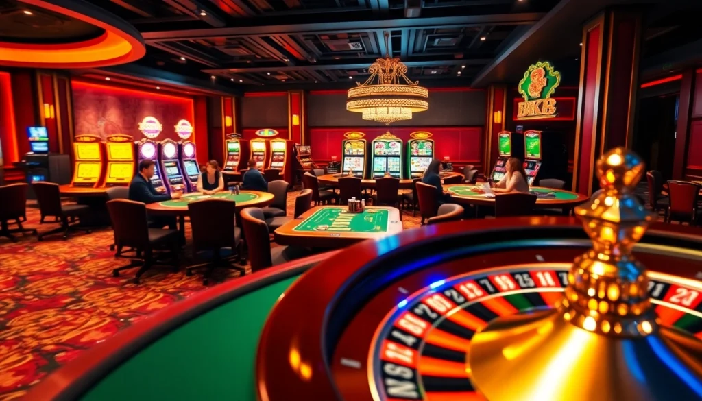 Experience the excitement of 8K8 at this luxurious casino setting with vibrant gaming tables and slot machines.