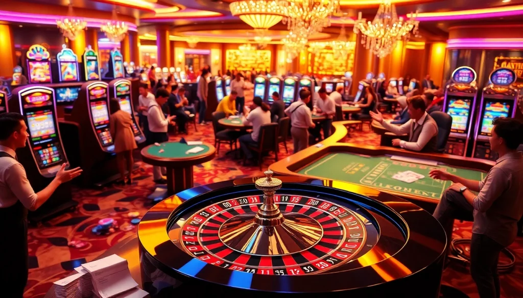 TD88 casino scene featuring lively players at table games with vibrant slot machines.