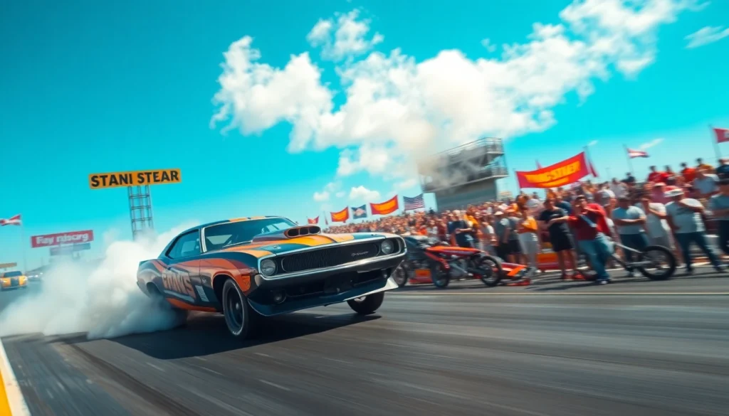Drag Racing Events with colorful cars speeding at racetrack, surrounded by an enthusiastic crowd.