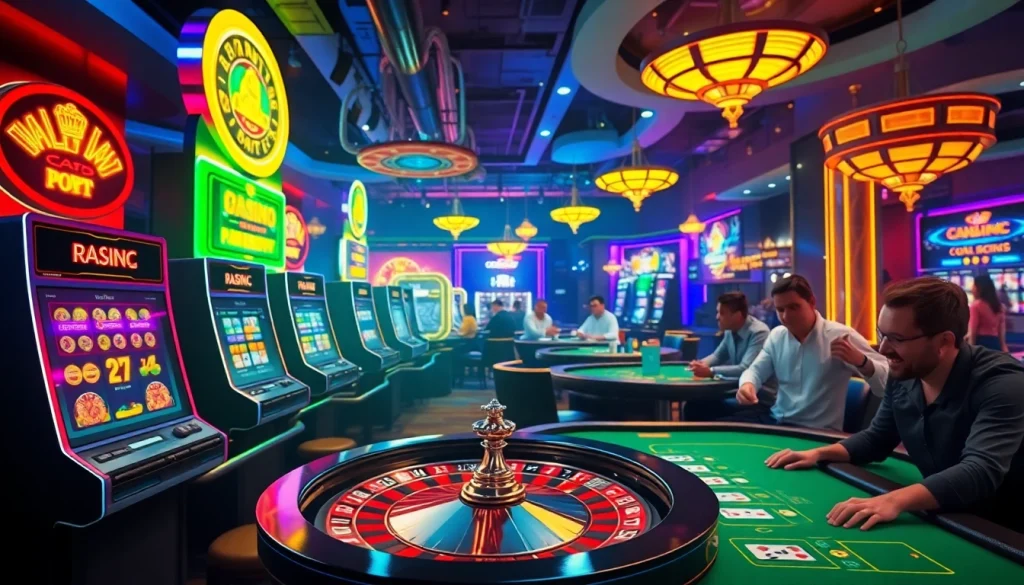 Experience the thrill of jogoluck as players engage in lively casino games with colorful chips and spinning roulette wheels.