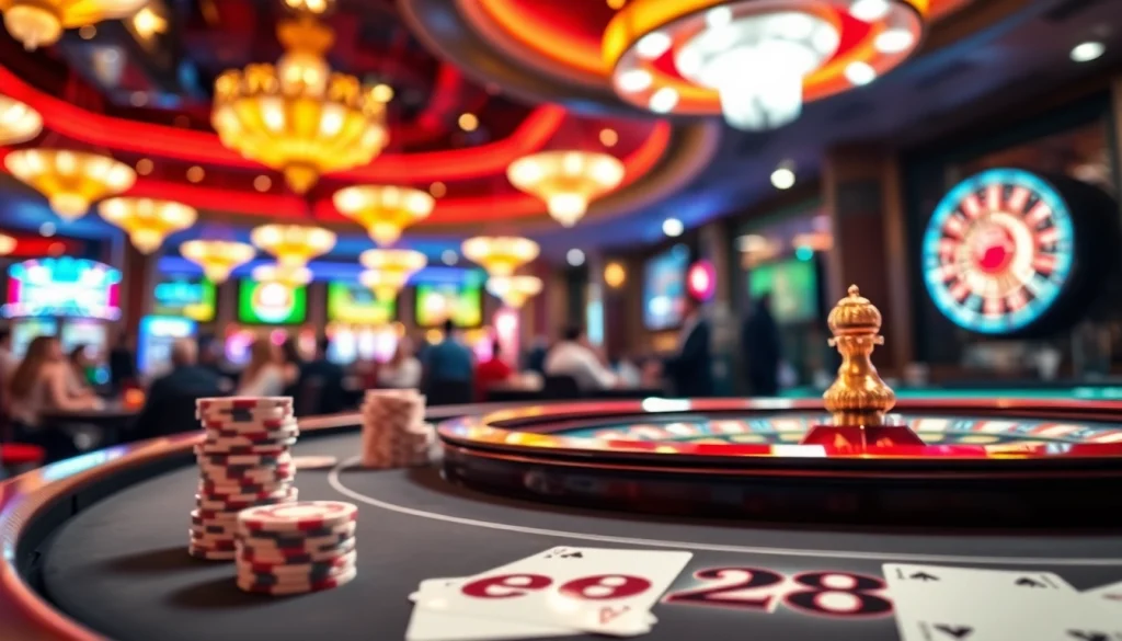 Experience the e28 excitement at a lively casino table with spinning roulette and piled poker chips.