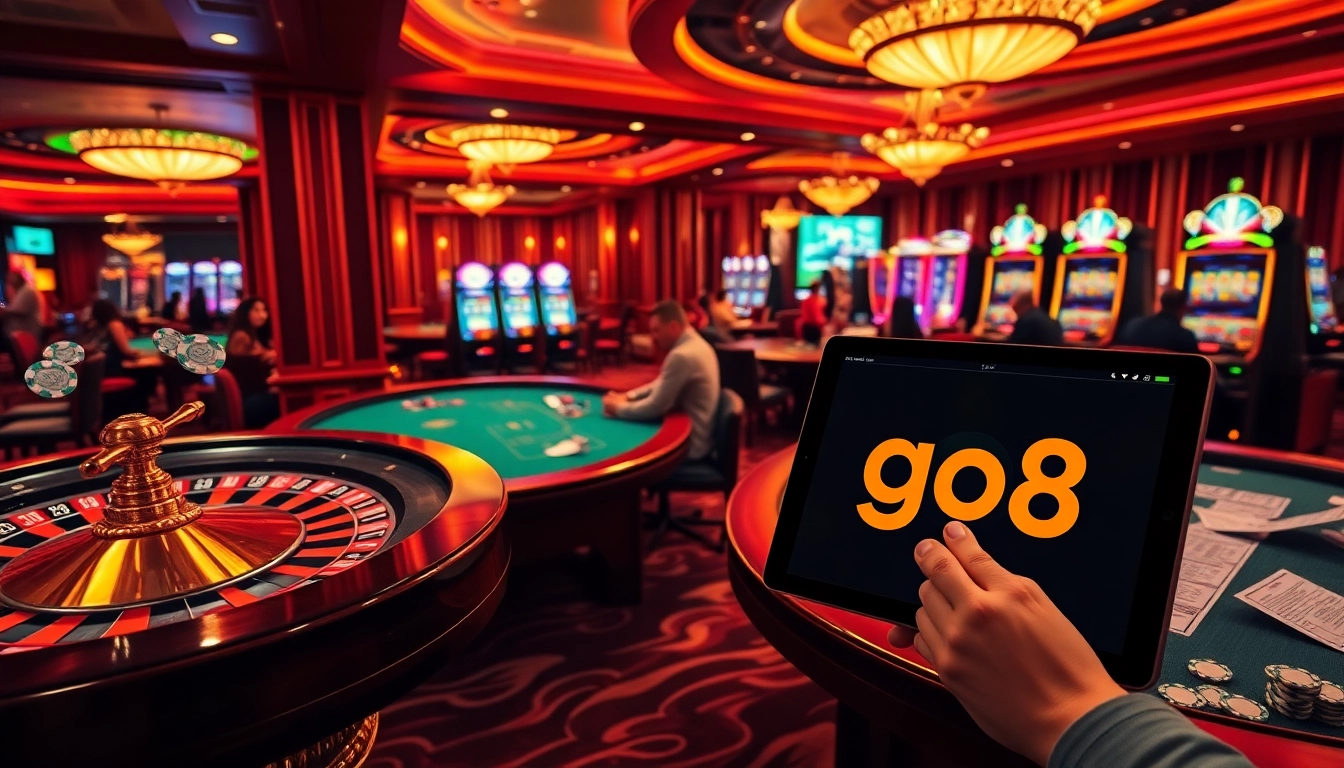 Go8 casino scene depicting players at poker tables and roulette wheels, capturing excitement and strategy.