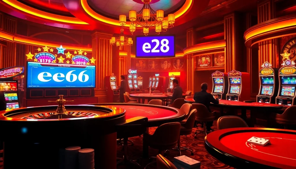 Experience the thrill of e28 in this luxurious casino, featuring roulette tables, poker chips, and slot machines.