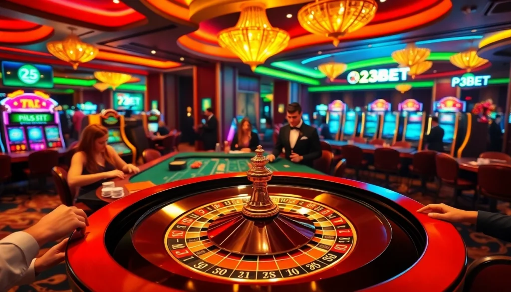 Experience the excitement of the P3BET casino with roulette action, vibrant slot machines, and engaging players in a lavish atmosphere.
