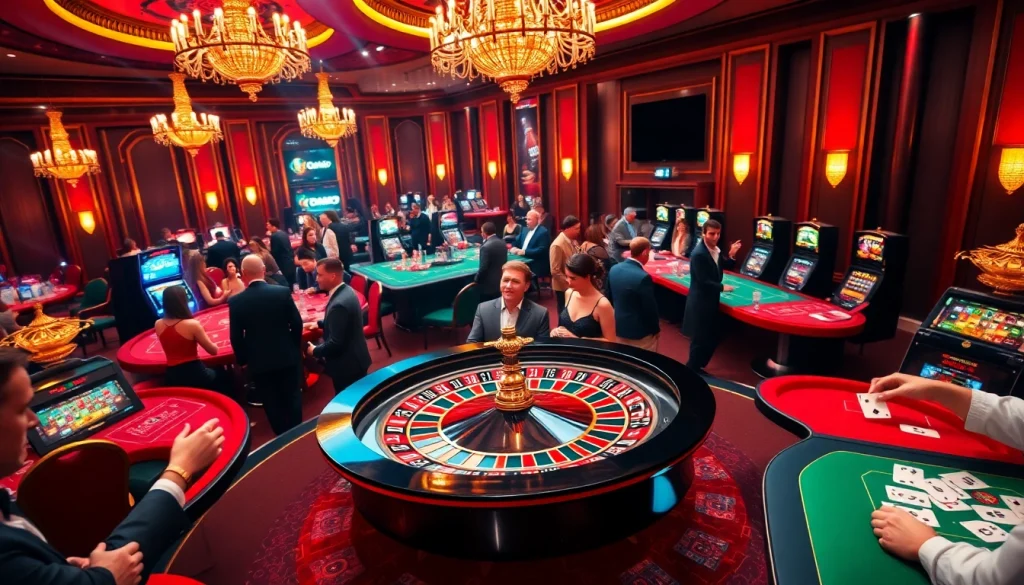 Casino gaming action featuring 58Win roulette, lively players, and vibrant slot machines.