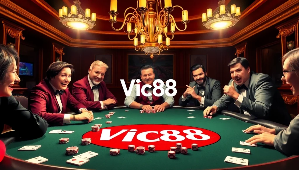 Vic88 poker players engaged in an intense game with poker chips and cards, showcasing the thrill of gambling.