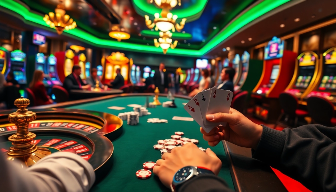 KJC casino scene showcasing a high-stakes poker game, vibrant tables, and slot machines, conveying excitement and player engagement.