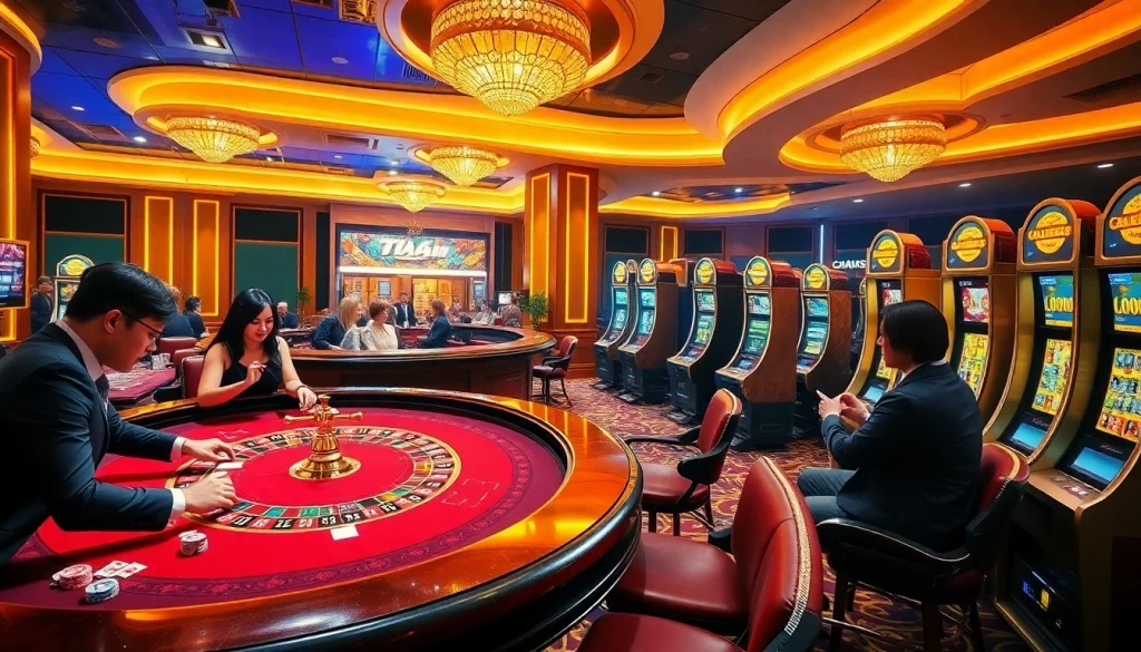 Taya365's immersive online casino scene showing live baccarat, roulette, and players enjoying slot machines.