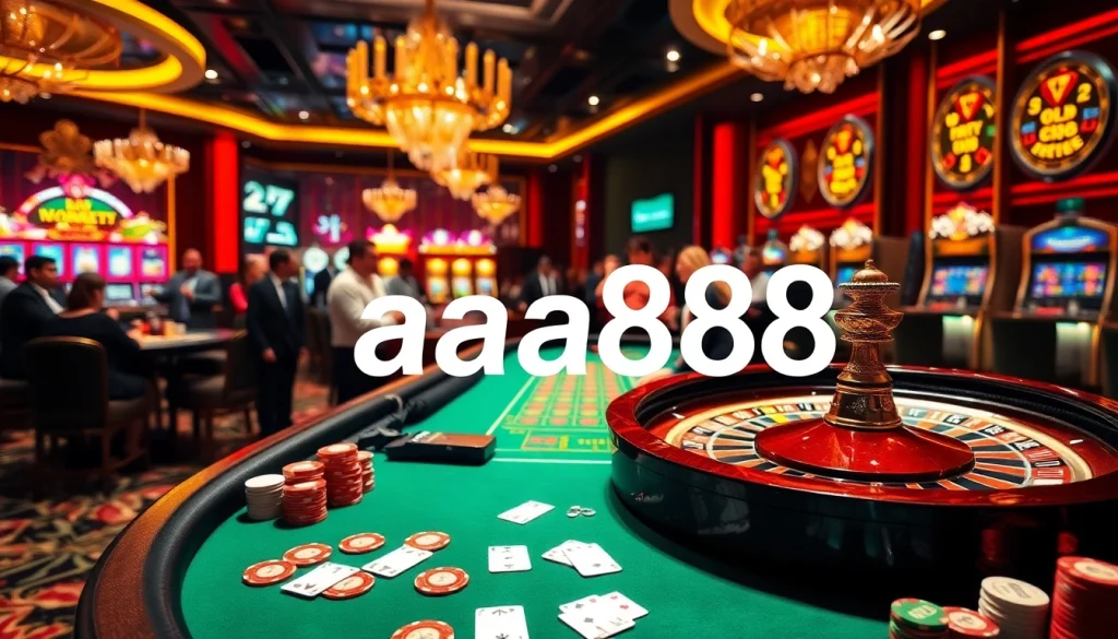Players celebrate a winning moment at the casino table featuring aa888 poker chips, vibrant cards, and roulette action.