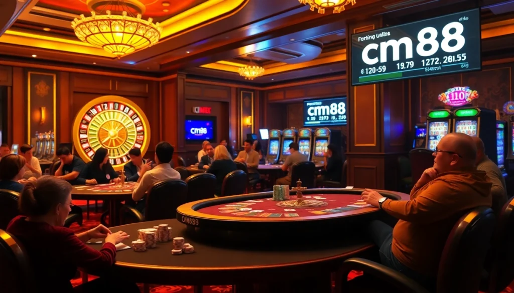 Experience the thrill at cm88's vibrant casino tables with players engaged in high-stakes poker.