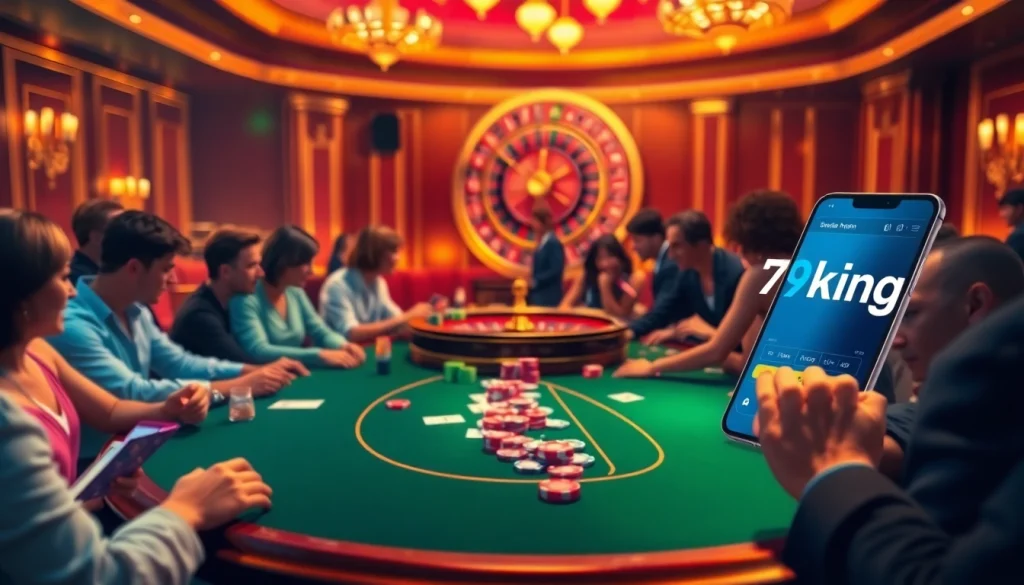 Experience the excitement of 79king at a blackjack table with vibrant players and colorful casino chips.