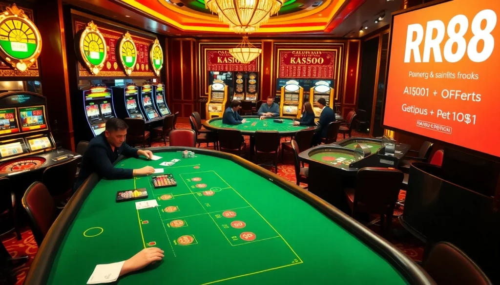 RR88 casino scene with players closely engaged at poker tables and vibrant slot machines.