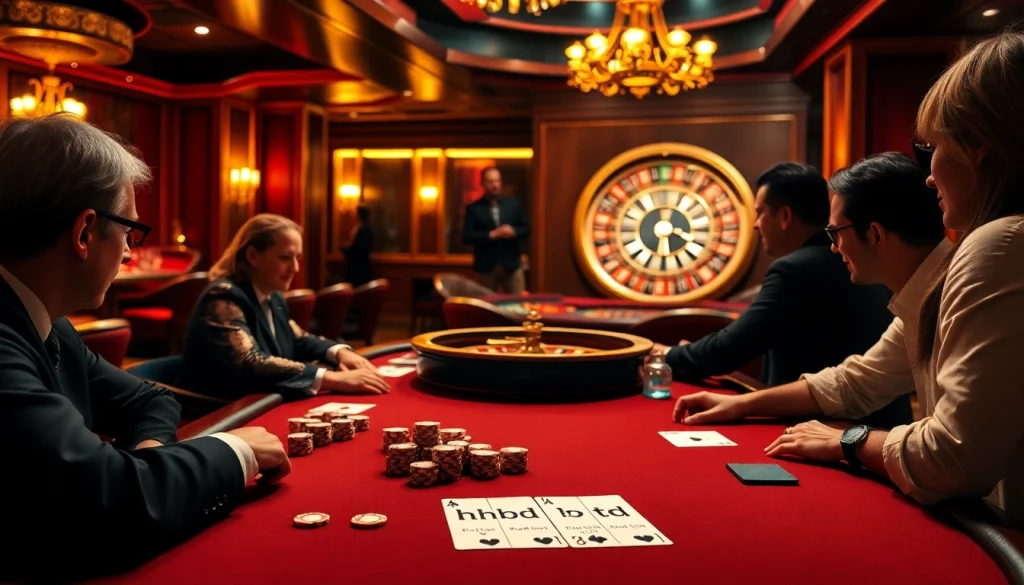 Exciting poker action at a casino table with players engaged, featuring hhbd betting slips.