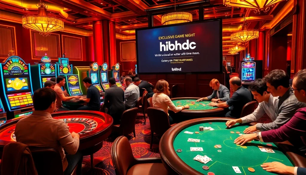 Casino players enjoying hhbd-themed games at an exciting gaming table, surrounded by vibrant decor and slot machines.