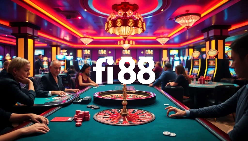 Players strategizing at fi88 casino tables, showcasing blackjack, poker, and roulette excitement.