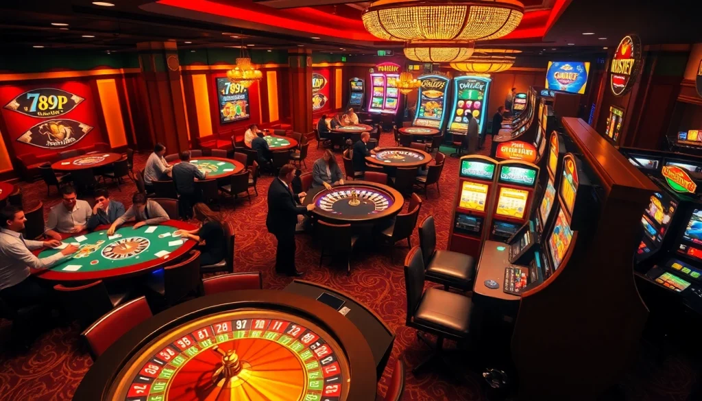 Players enjoying vibrant casino gaming at 789P, engaging in poker and slot machines.
