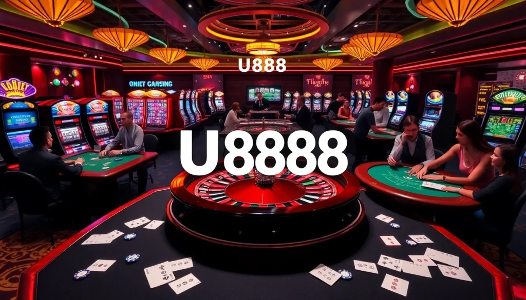 Players enjoying thrilling games at U888 casino, featuring roulette, poker tables, and vibrant slot machines.