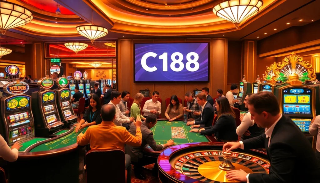 C168 illuminated casino scene showcasing vibrant slot machines and an engaging roulette game.